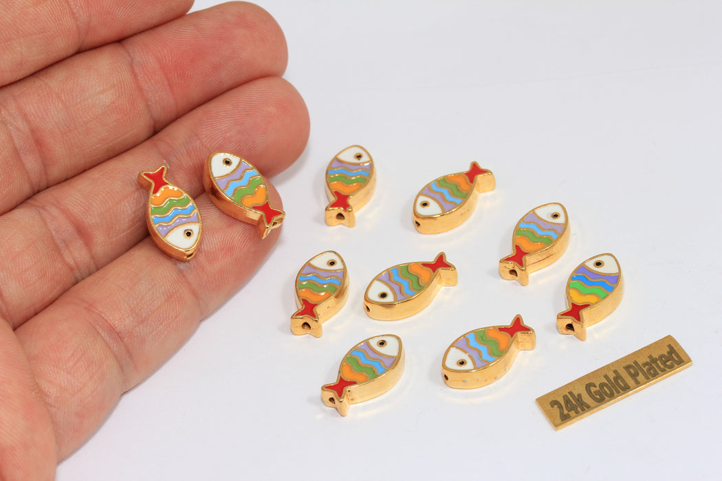 8x16mm 24k Shiny Gold Fish Charms, Colorful Enamel Fish Beads, BRT453