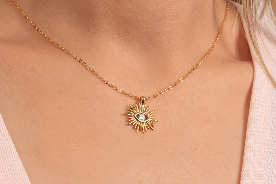 17'' +2'' 24k Shiny Gold CZ Evil Eye Ready Necklace, White Stone Eye Charm Necklace, DC21-27