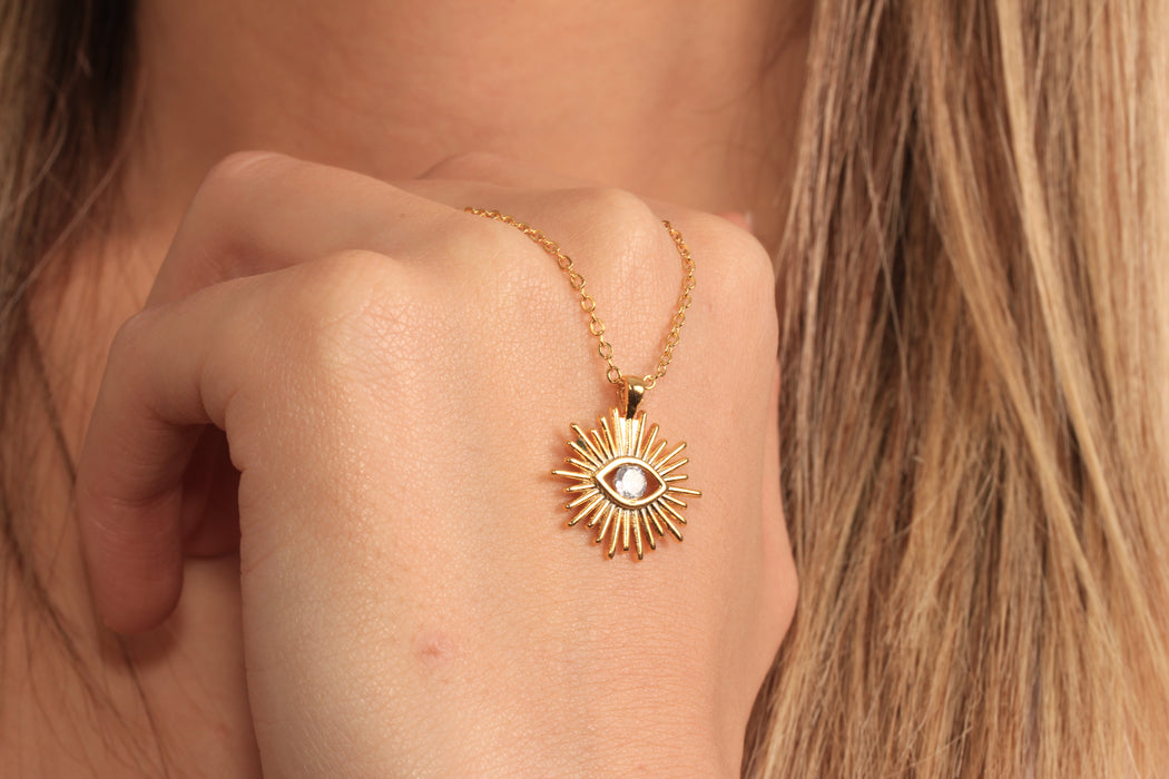 17'' +2'' 24k Shiny Gold CZ Evil Eye Ready Necklace, White Stone Eye Charm Necklace, DC21-27