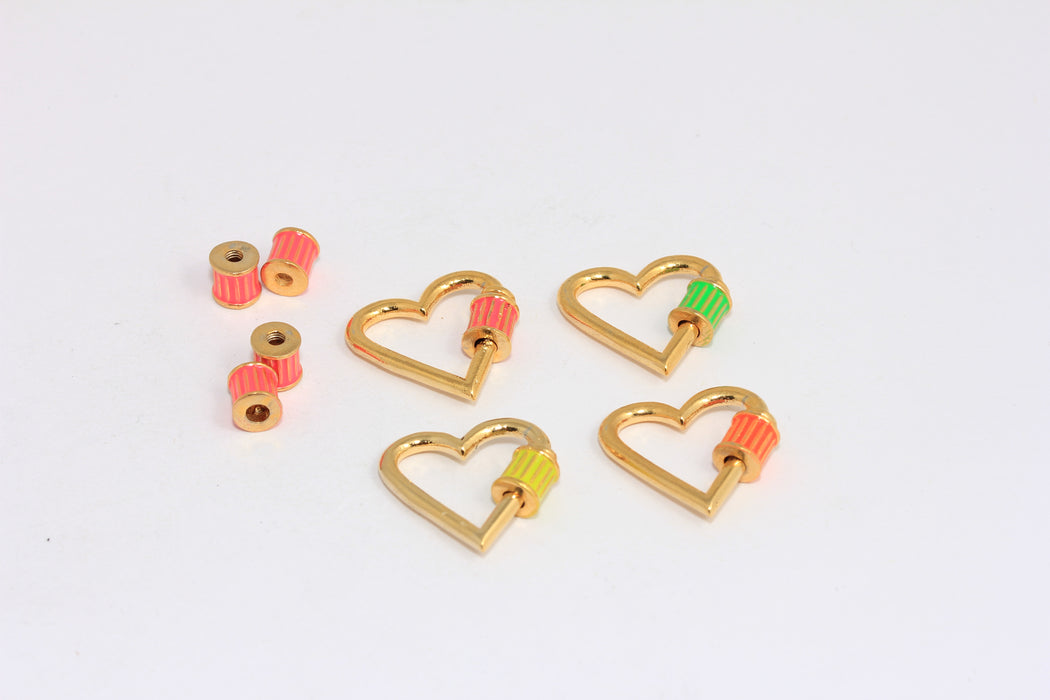 18x19mm 24k Shiny Gold Heart Screw Clasp Lock, Optional Enamel Color Screw Heart Charm,