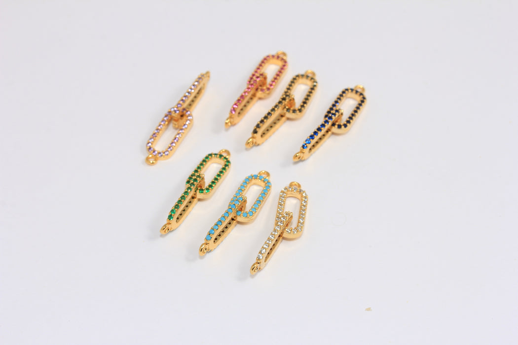24k Shiny Gold CZ Chain Link Connector, CZ Bracelet Links, Micro Pave Optional Stone Color Link Pendant,