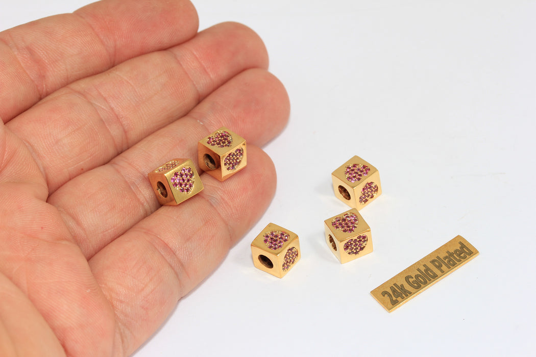 8x8mm 24k Shiny Gold CZ Heart Beads, Cube Heart , Gold BRT435