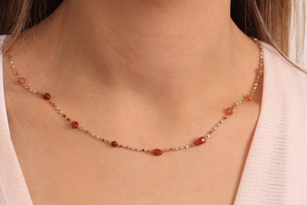 Gold Necklace With Red Stone Beads