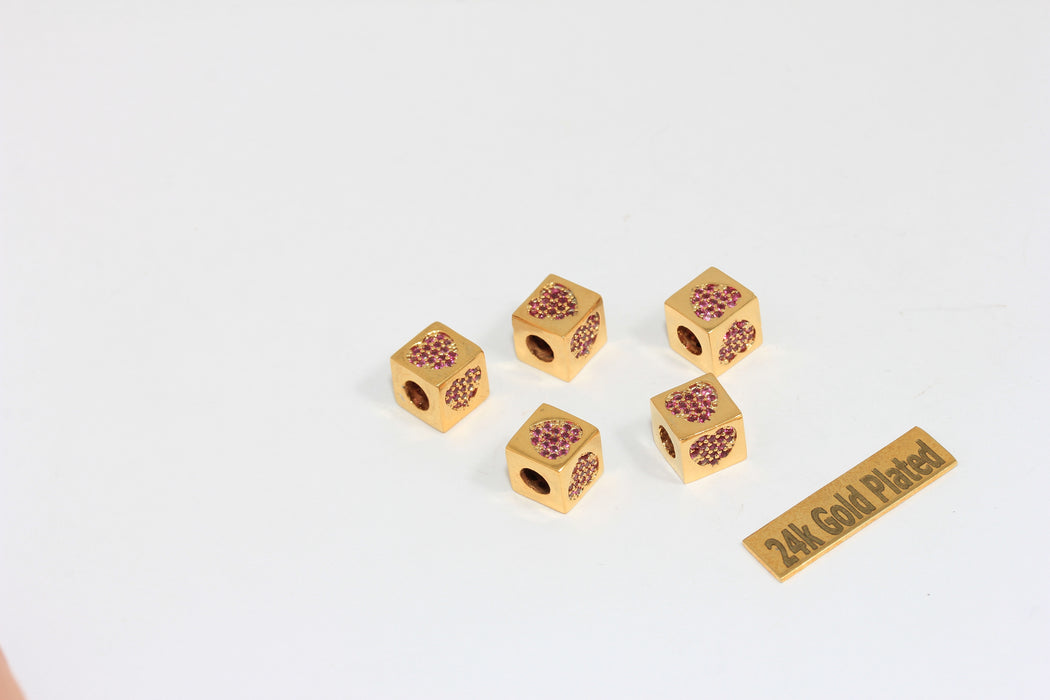 8x8mm 24k Shiny Gold CZ Heart Beads, Cube Heart , Gold BRT435