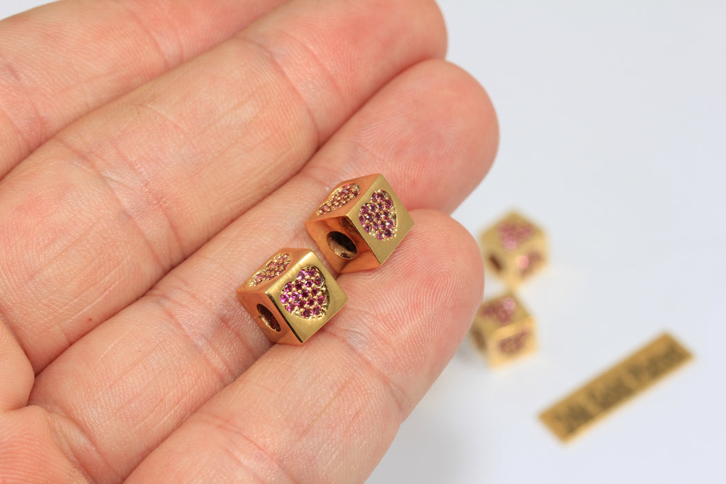 8x8mm 24k Shiny Gold CZ Heart Beads, Cube Heart , Gold BRT435
