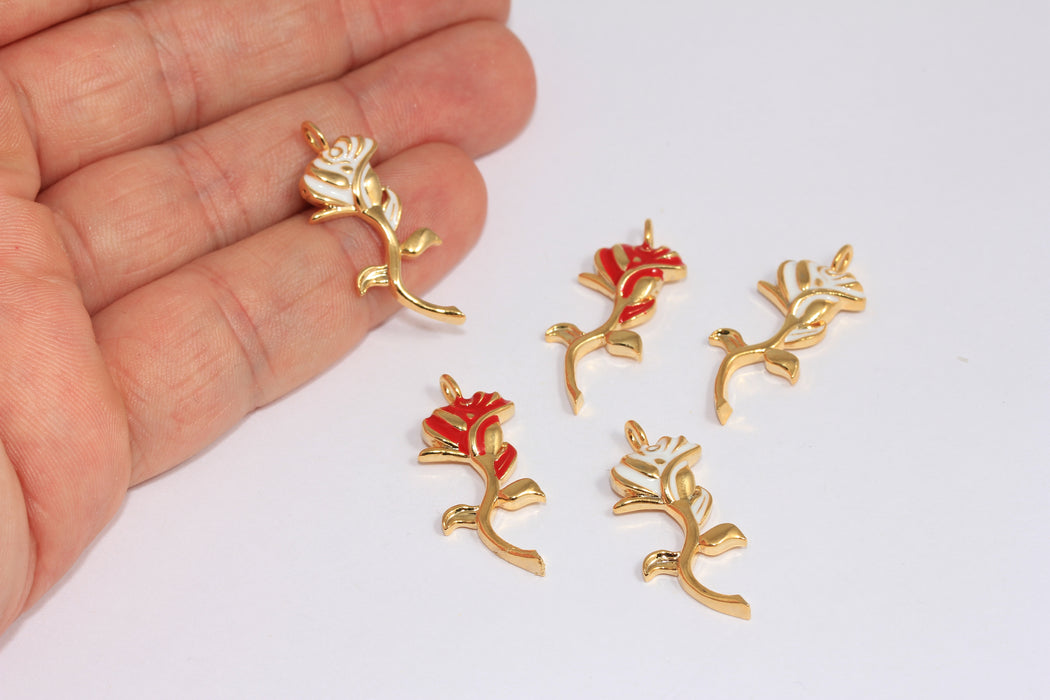 12x31mm 24k Shiny Gold Rose Pendant, Optional Enamel Color Flower Charm, Rose Flower Pendant,