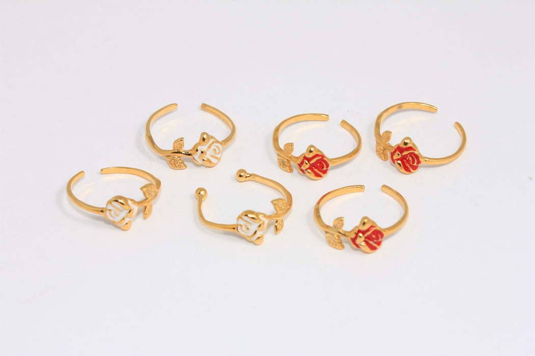 24k Shiny Gold Flower Ring, Leaf Ring, Optional Enamel Color Rose Ring, Adjustable Flower Ring,
