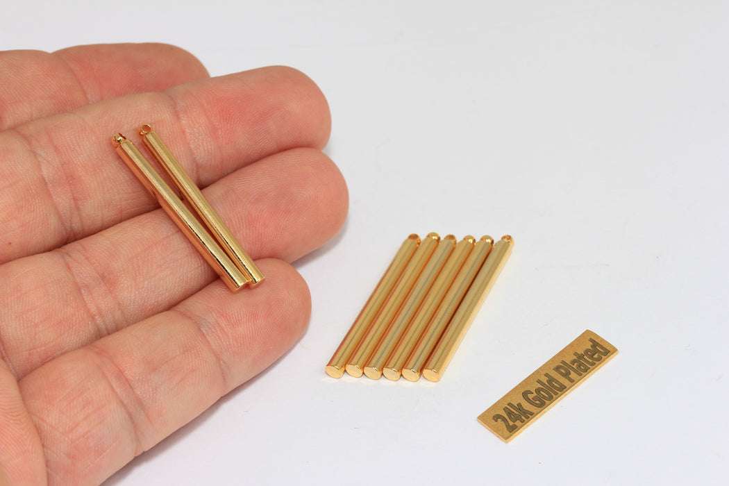 3x30mm 24k Shiny Gold Plated Bar, Round Vertical Bar Pendant, BRT448