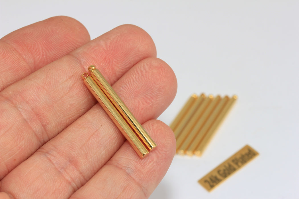 3x30mm 24k Shiny Gold Plated Bar, Round Vertical Bar Pendant, BRT448