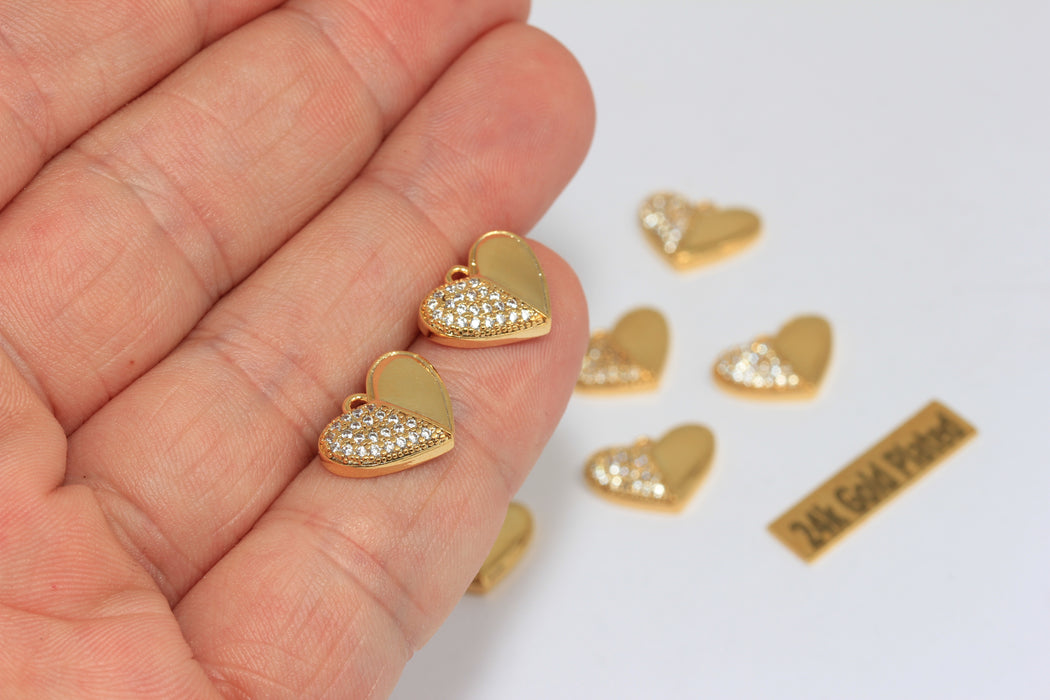15 mm 24 Ayar Parlak Altın Kalp Charm, Mikro Döşeme Kalp, Beyaz Taş Kalp Charms, BRT490-14
