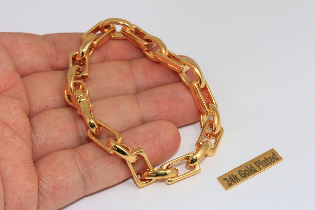 24k Shiny Gold Chain Oval Link Bracelet, Rectangle Bracelet, Statement Bracelets, BRT490-6