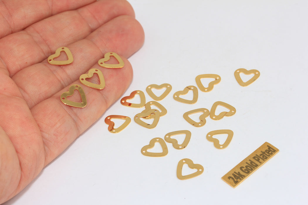 10mm 24k Shiny Gold Heart Charms, Connector Charms, Heart Pendant, Outline Heart Charm, BRT475