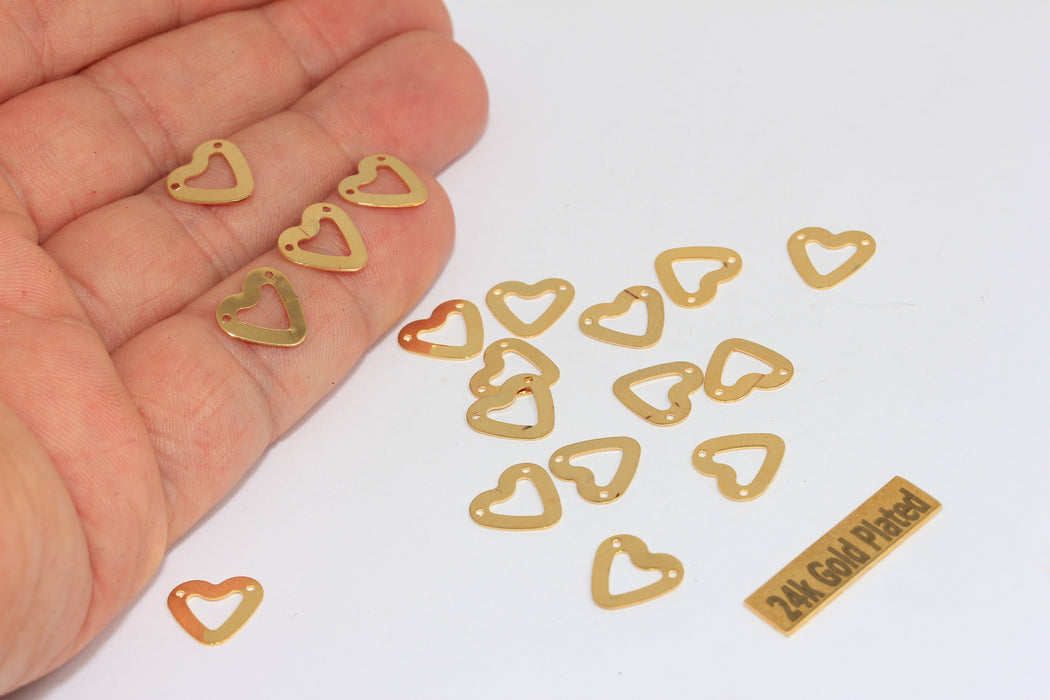 10mm 24k Shiny Gold Heart Charms, Connector Charms, Heart Pendant, Outline Heart Charm, BRT475