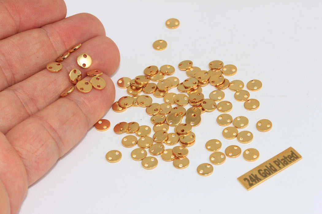 6mm 24k Shiny Gold Disc Charms, Two Hole Coins, BRT454