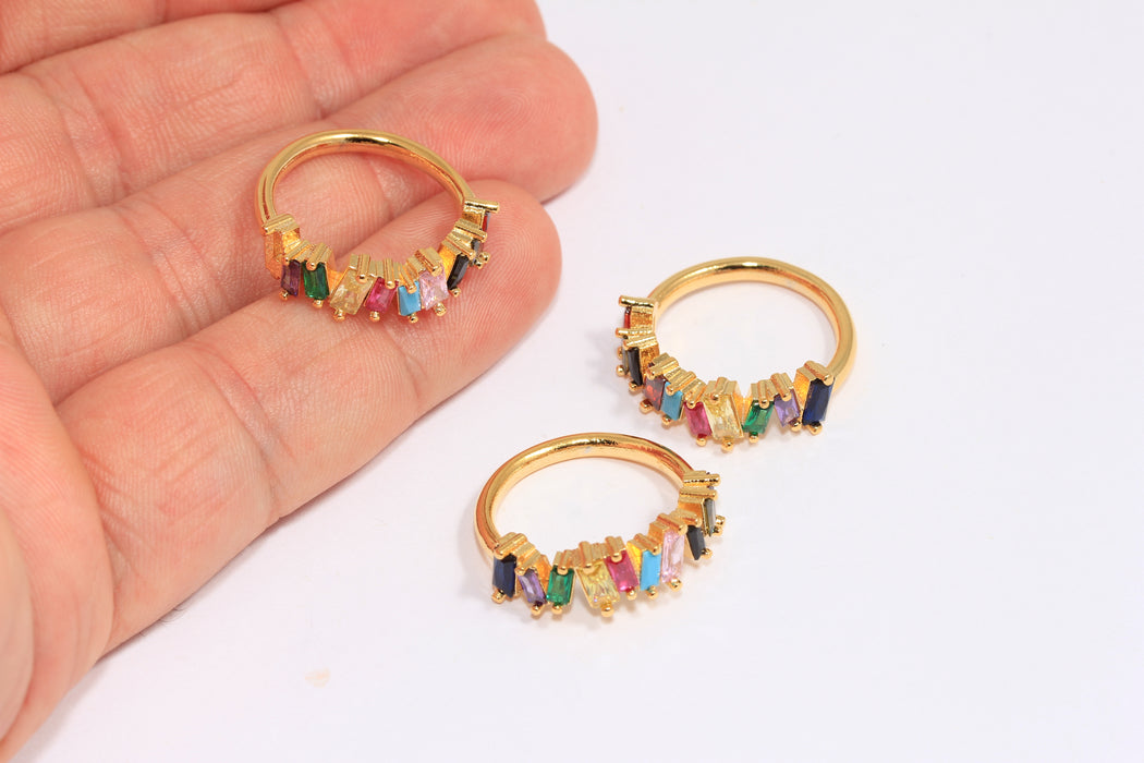 17,5mm 24k Shiny Gold CZ Rings, Baguette Colorful Stones Ring, SLM365