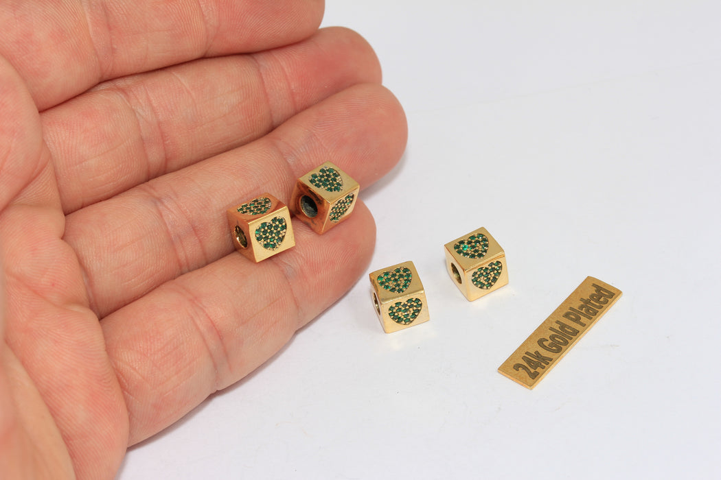 8x8mm 24k Shiny Gold CZ Heart Beads, Micro Pave Cube Heart, BRT468