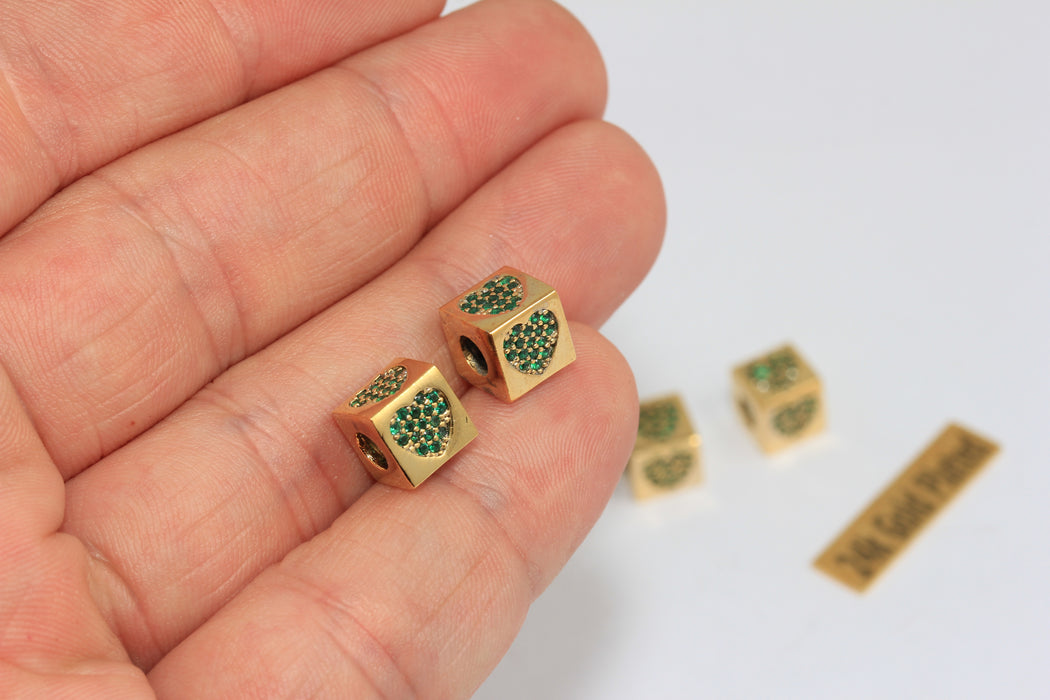8x8mm 24k Shiny Gold CZ Heart Beads, Micro Pave Cube Heart, BRT468
