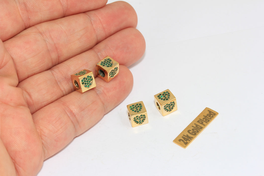 8x8mm 24k Shiny Gold CZ Heart Beads, Micro Pave Cube Heart, BRT468
