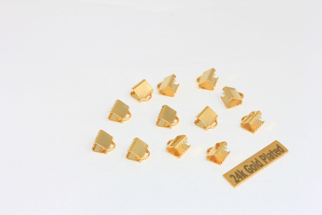 Fermagli a cricchetto per nastri in oro lucido 24k da 7 mm, estremità per cordone, fermagli a cricchetto, morsetti per nastri, cappuccio terminale, BRT510