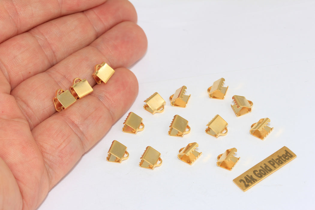 Fermagli a cricchetto per nastri in oro lucido 24k da 7 mm, estremità per cordone, fermagli a cricchetto, morsetti per nastri, cappuccio terminale, BRT510