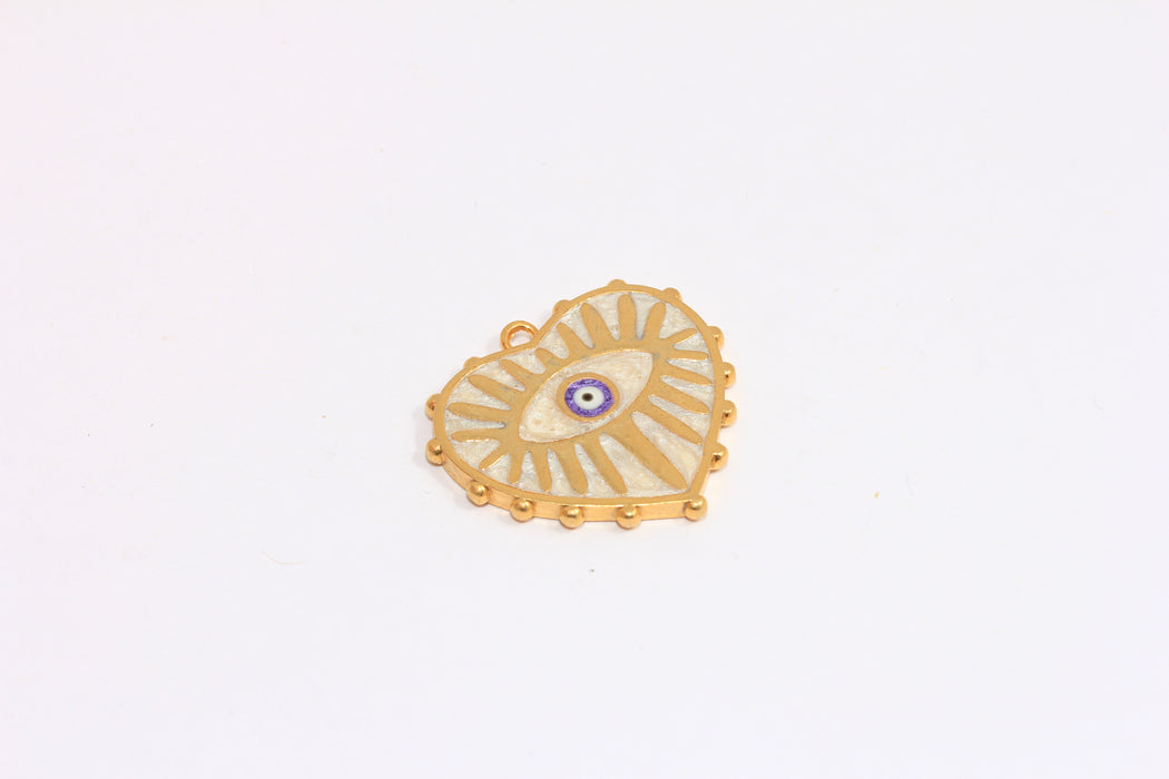27x28mm 24 Ayar Parlak Altın Kalp, Beyaz Mine Nazar Boncuğu, SLM465