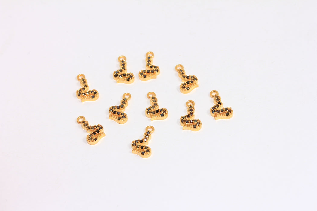 7x12mm 24k Shiny Gold CZ Snake Charm, Micro Pave Black Stone Snake Beads, SLM620