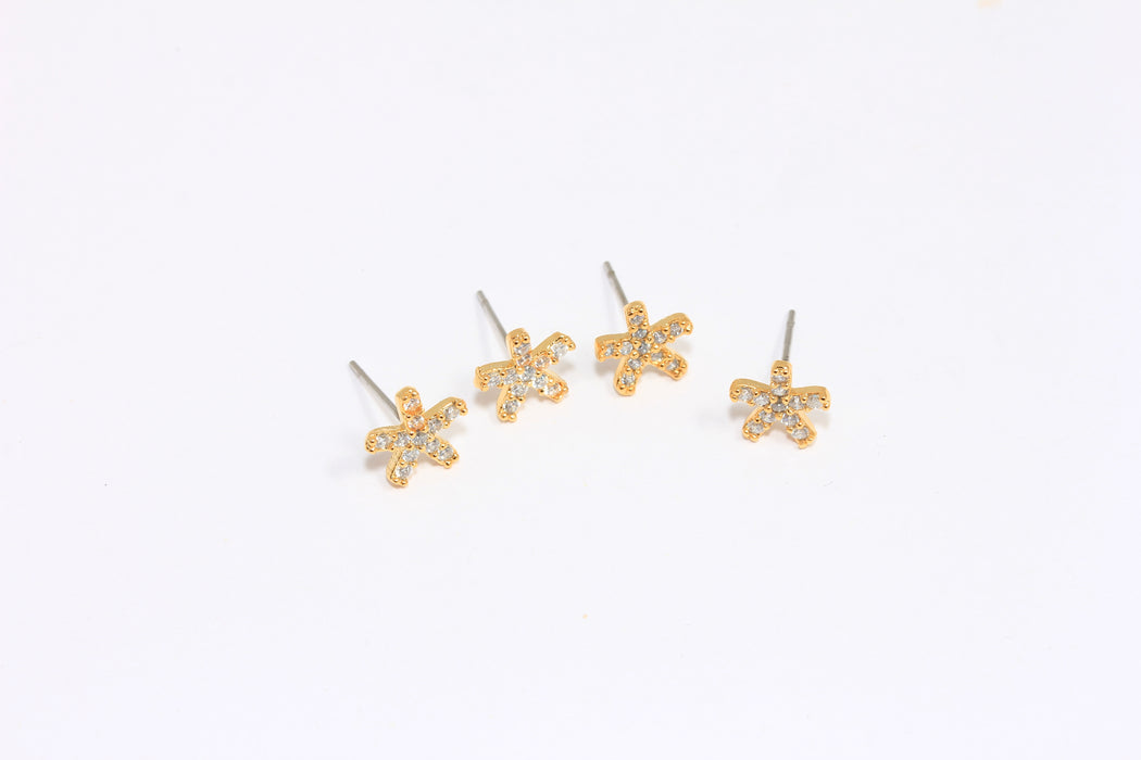 9mm 24k Shiny Gold Stud Earrings, Micro Pave Starfish Earrings, SLM220