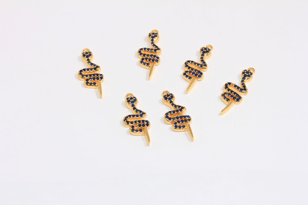 8x23mm 24k Shiny Gold CZ Snake Charm, Micro Pave Blue Stone Snake Pendant, SLM888