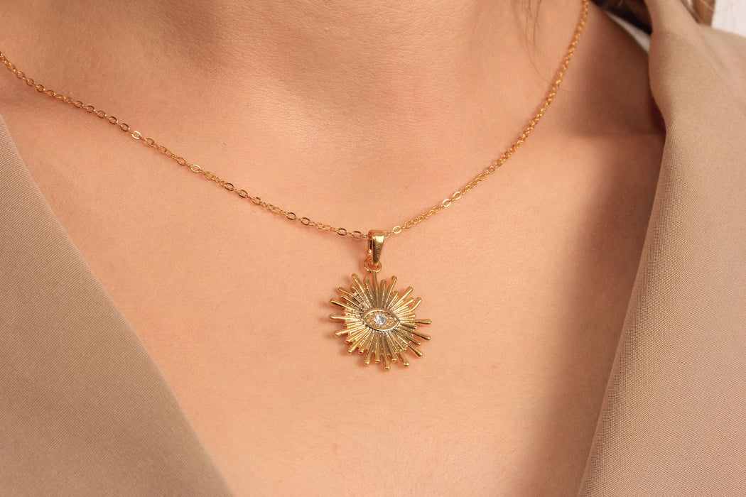 17'' +2'' 24k Shiny Gold CZ Evil Eye Ready Necklace, White Stone Sun Eye Charm Necklace, DC22-7
