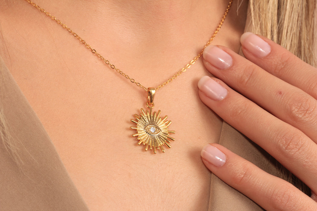 Gold Necklace With CZ Sun Medallion