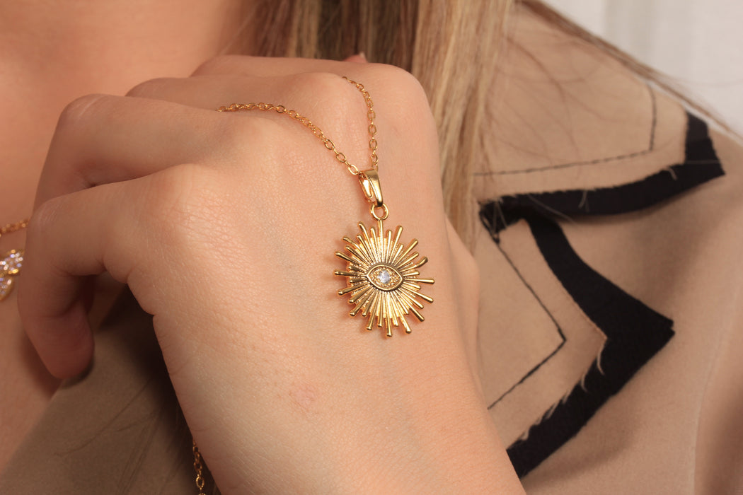17'' +2'' 24k Shiny Gold CZ Evil Eye Ready Necklace, White Stone Sun Eye Charm Necklace, DC22-7