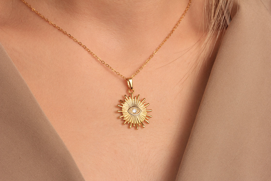 17'' +2'' 24k Shiny Gold CZ Evil Eye Ready Necklace, White Stone Sun Eye Charm Necklace, DC22-7