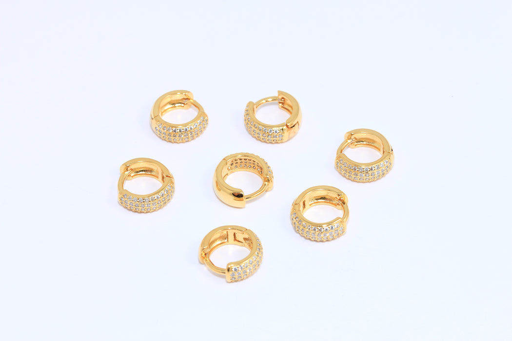 12mm 24k Shiny Gold Hoop Earrings, Micro Pave Huggie Hoops, CZ White Stone Color Hoops, ROSE541