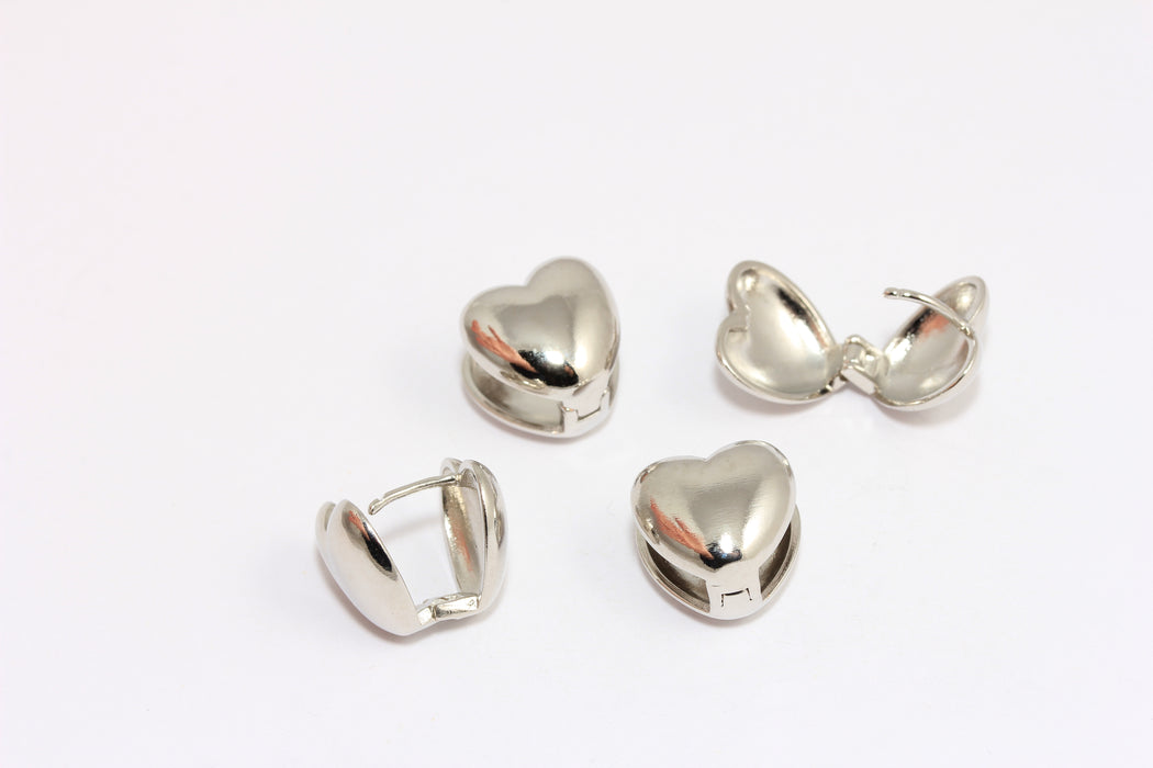 14mm Rhodium Plated Drop Earrings, Heart Shaped Earring Clasps, Puffed Heart Earrings, TBR30