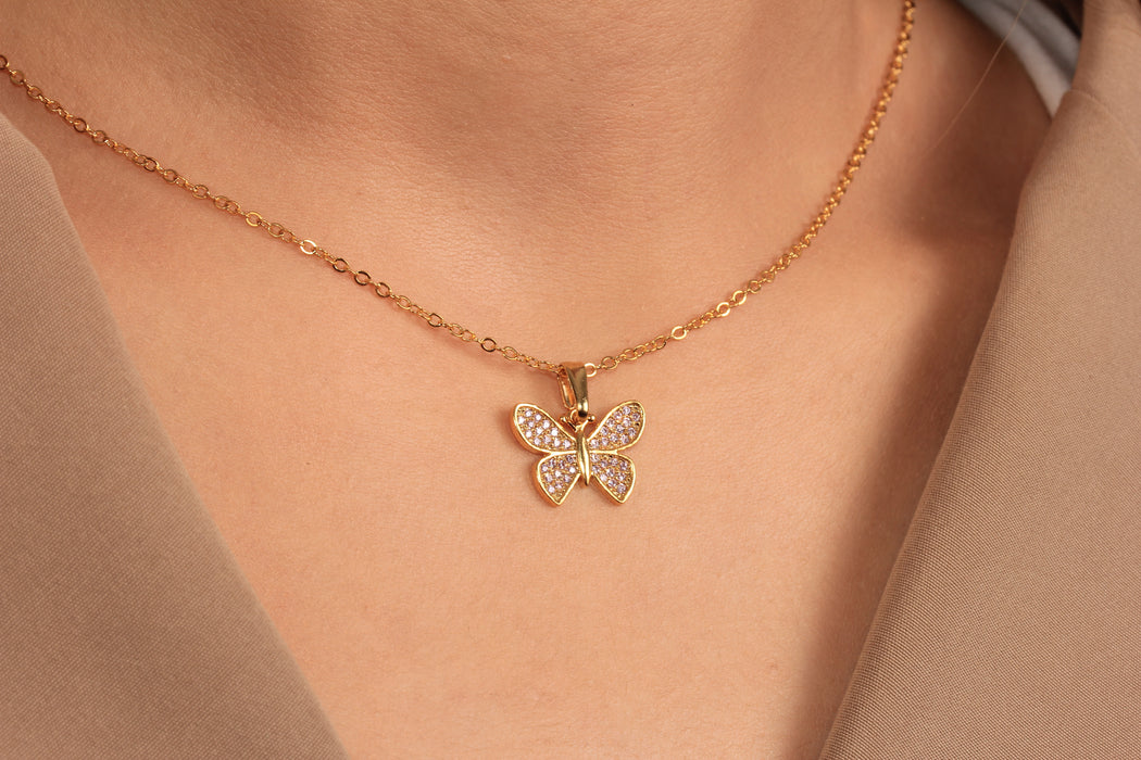 17'' +2'' 24k Shiny Gold CZ Butterfly Ready Necklace, Micro Pave Butterfly Pendant Necklace, DC22-12