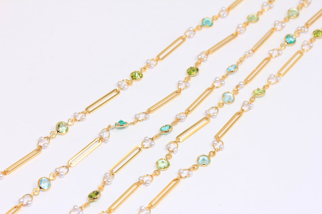 2,5mm 24k Shiny Gold Beaded Chain, Rosary Style Pearl Chain, Chain With Colorful Stone Beads, BXB339-7