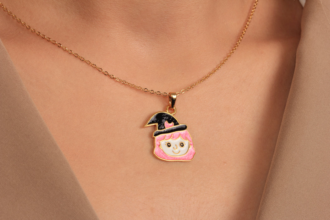 17'' +2'' 24k Shiny Gold Witch Ready Necklace, Enamel Halloween Witch Charm Necklace, DC22-13