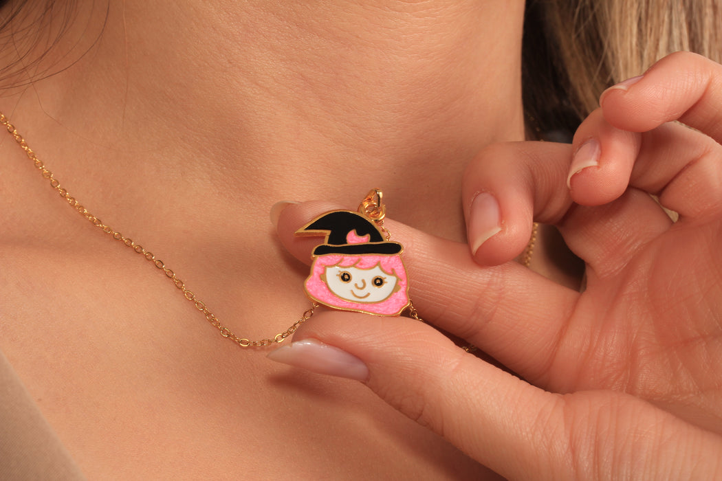 17'' +2'' 24k Shiny Gold Witch Ready Necklace, Enamel Halloween Witch Charm Necklace, DC22-13