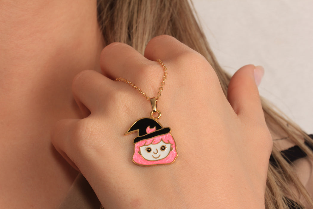 17'' +2'' 24k Shiny Gold Witch Ready Necklace, Enamel Halloween Witch Charm Necklace, DC22-13