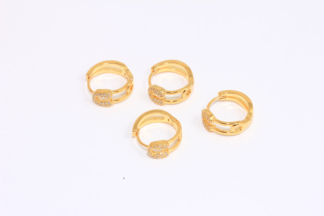 15mm 24k Shiny Gold Hoop Earrings, Micro Pave Huggie Hoops, CZ White Stone Safety Pin Hoops, ROSE449