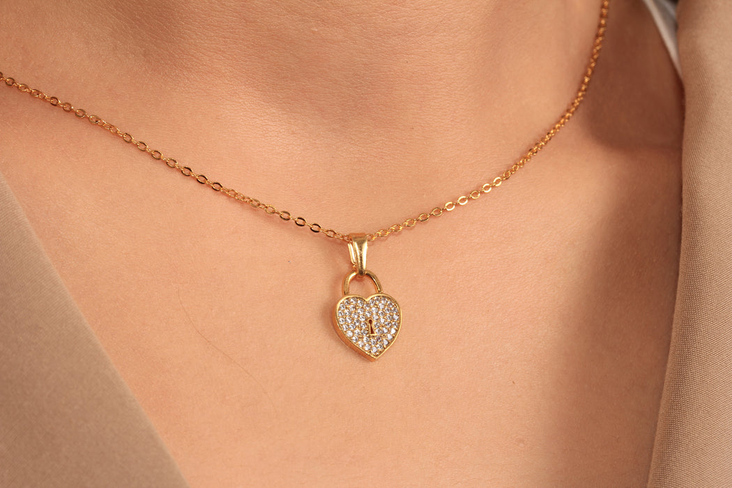 Gold Necklace With Cubic Zirconia Heart Padlock Charm