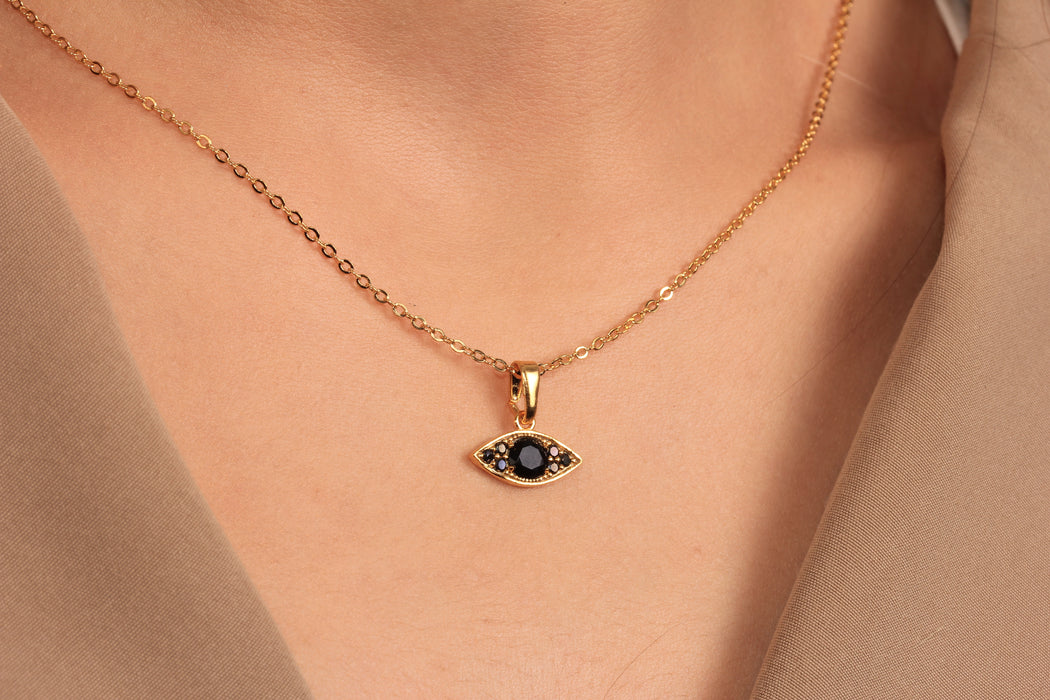 17'' +2'' 24k Shiny Gold CZ Evil Eye Ready Necklace, Black Stone Eye Charm Necklace, DC22-20
