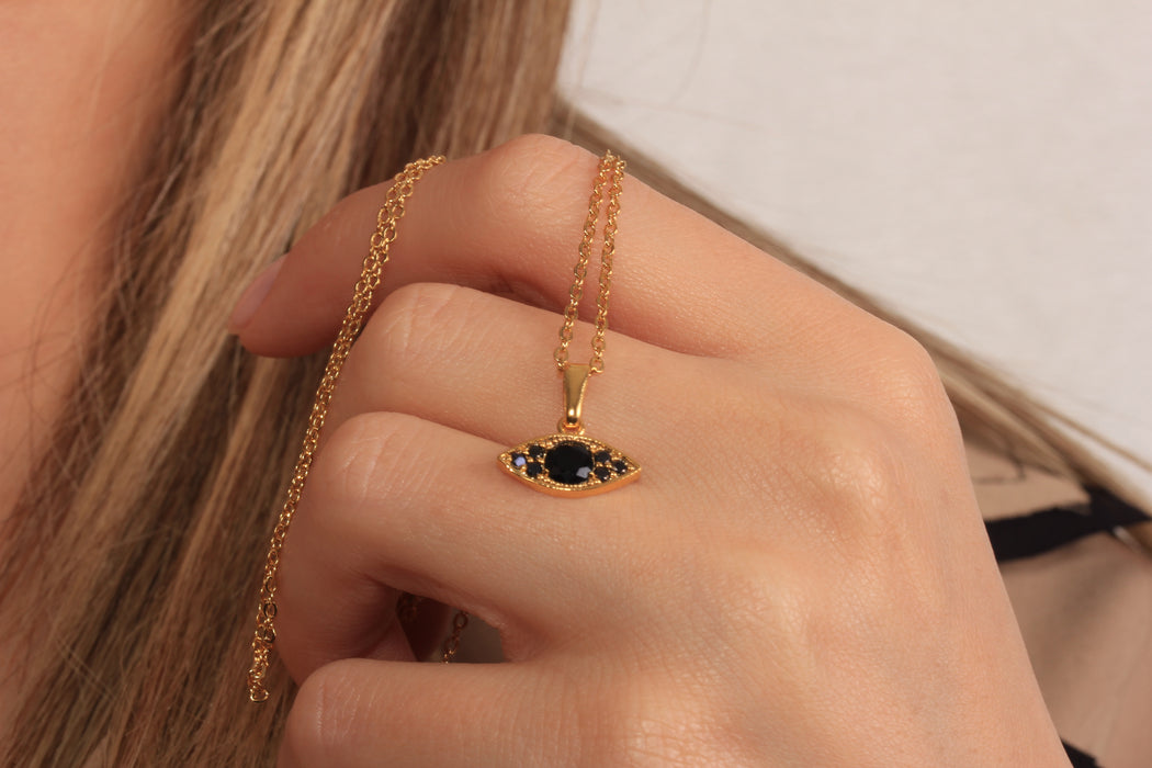 17'' +2'' 24k Shiny Gold CZ Evil Eye Ready Necklace, Black Stone Eye Charm Necklace, DC22-20