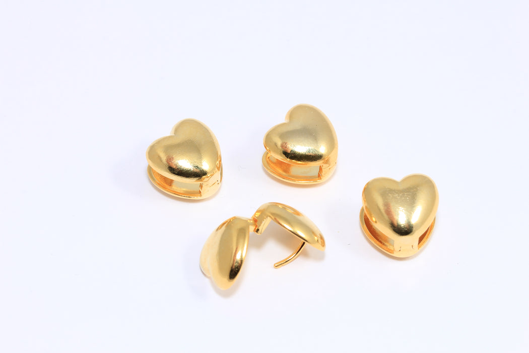 12x15mm 24k Shiny Gold Heart Earrings, Heart Earring Clasps, Puffed Heart Earrings, TBP39