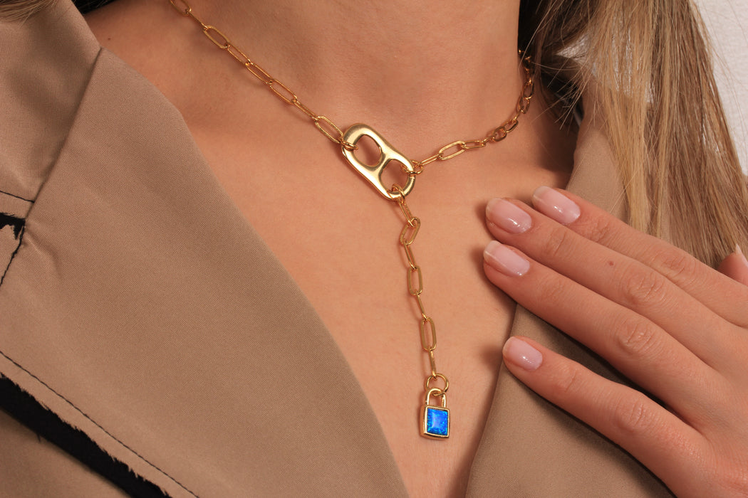 Gold Necklace With Enamel Padlock Charm