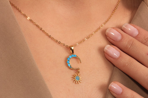 Gold Necklace With Cubic Zirconia Moon And Sun Charms