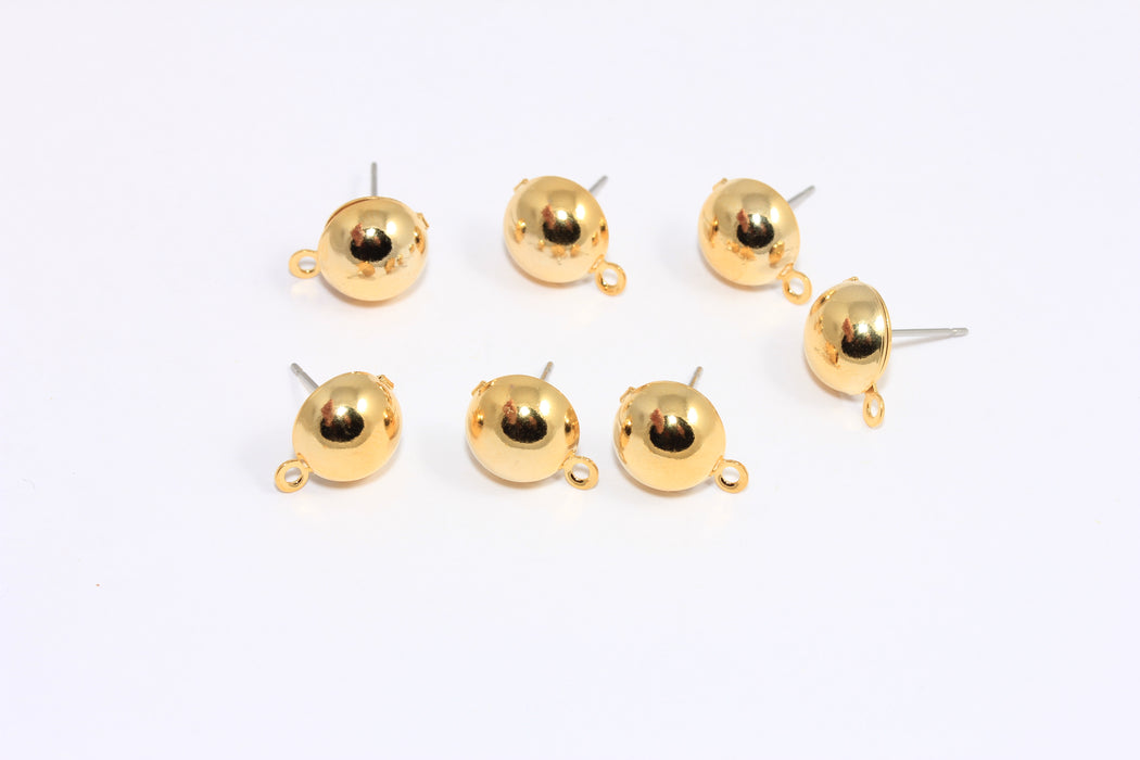 10mm 24k Shiny Gold Ball Ear Posts, Half Ball Stud Earrings With Loop, TBR80