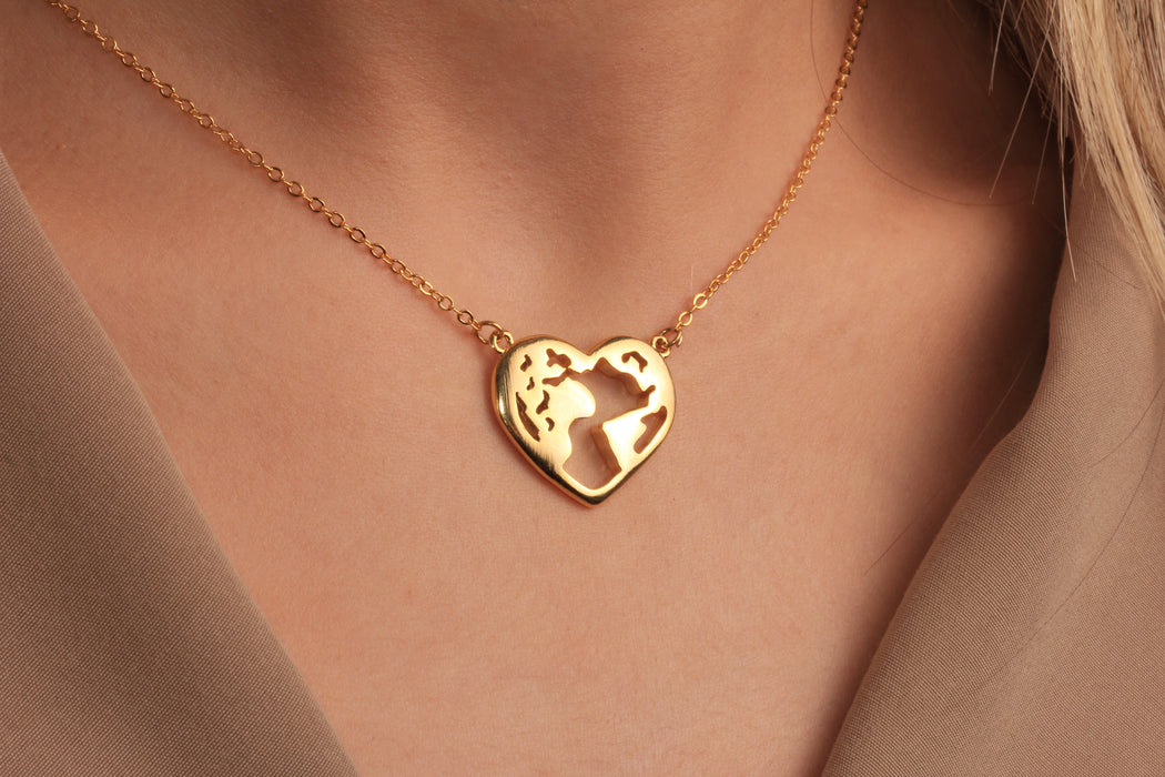 17'' +2'' 24k Shiny Gold World Map Charm Ready Necklace, Heart Shaped Pendant Necklace, DC22-28