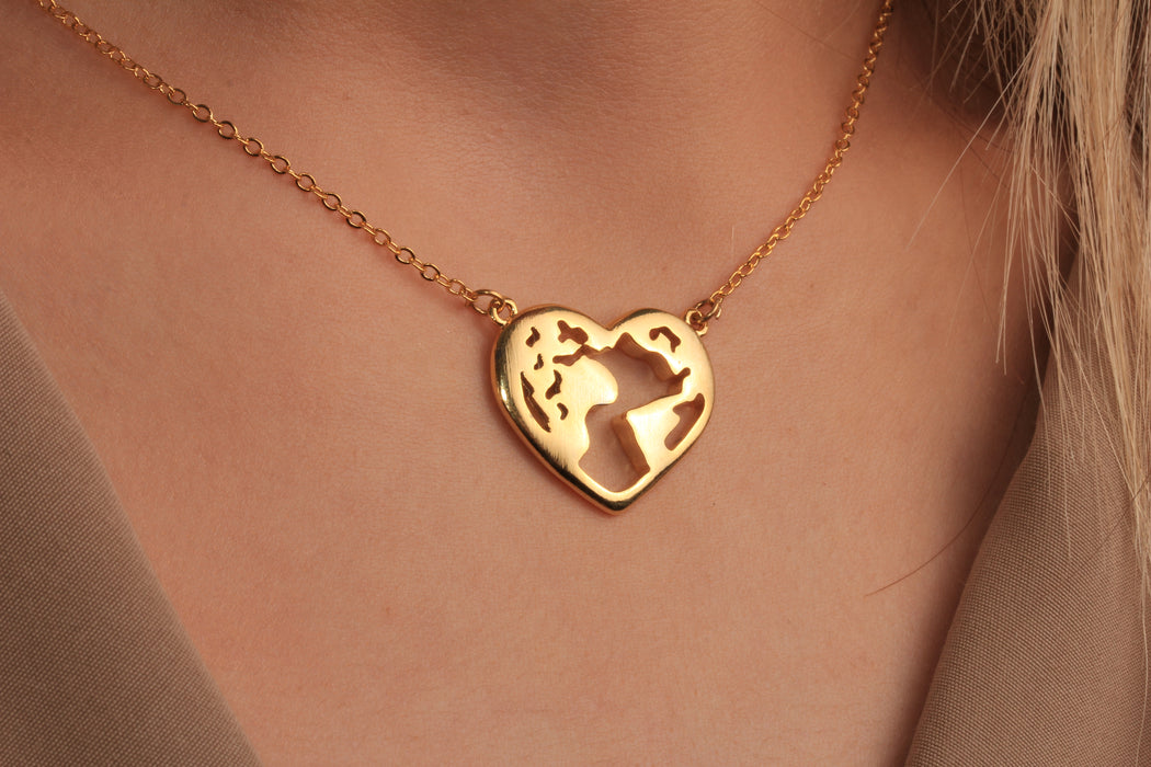 17'' +2'' 24k Shiny Gold World Map Charm Ready Necklace, Heart Shaped Pendant Necklace, DC22-28