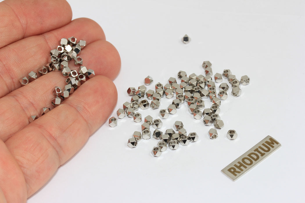 3mm Silver Plated Faceted Beads, Diamond Beads, Cube BRT577